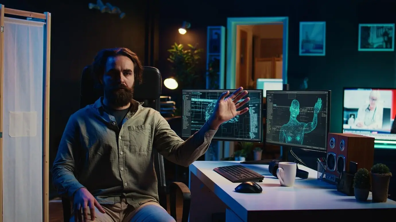 Außer Kontrolle geratene künstliche Intelligenz, die von einem Mann Besitz ergreift und die Menschheit bedroht.