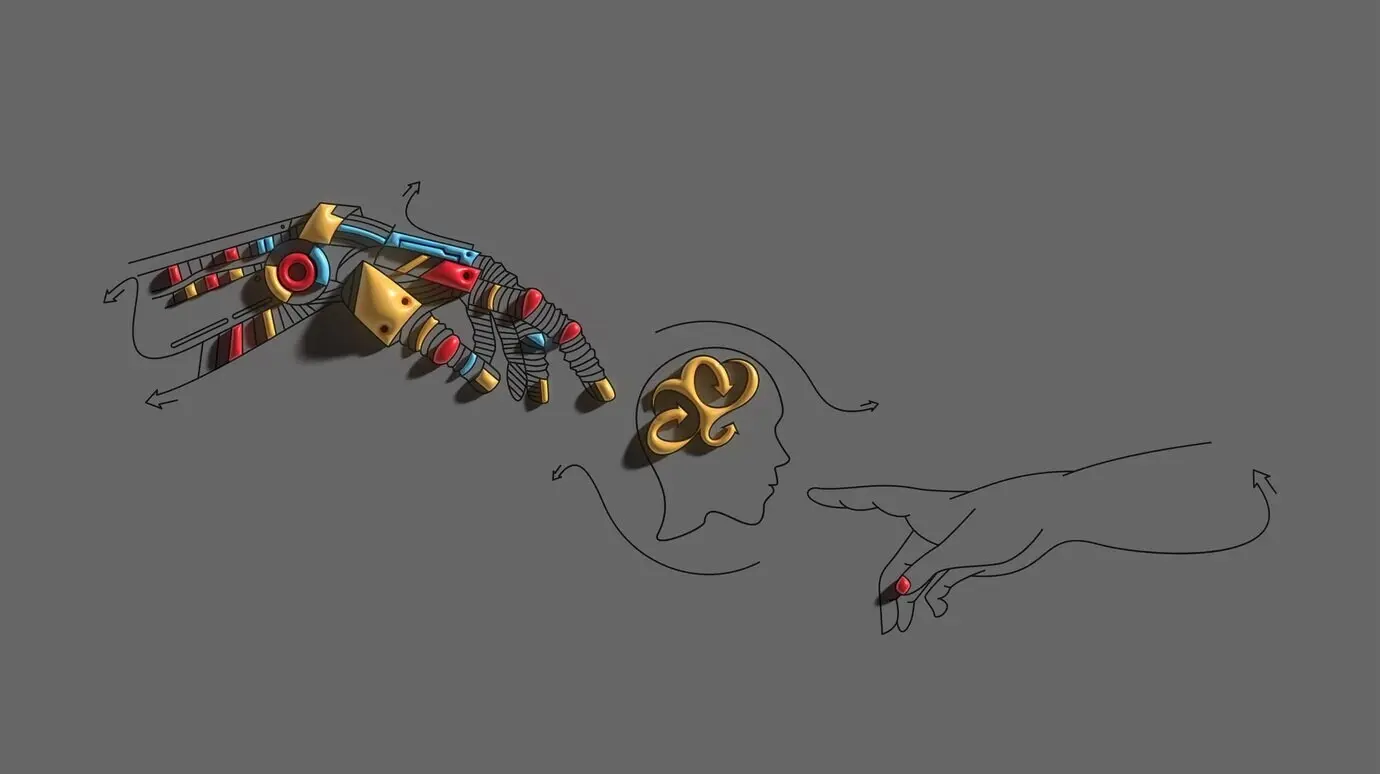 Die Hände eines Roboters und eines Menschen berühren sich mit den Fingern; Technologiekonzept für virtuelle Realität oder künstliche Intelligenz.